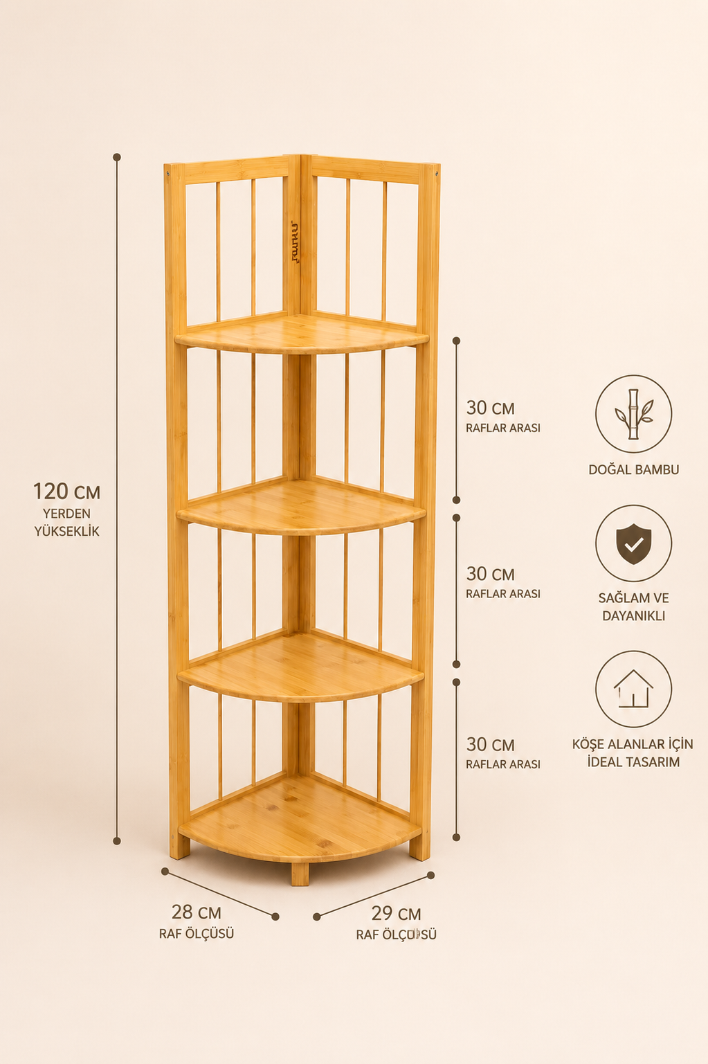 4 Katlı Bambu Köşe Rafı