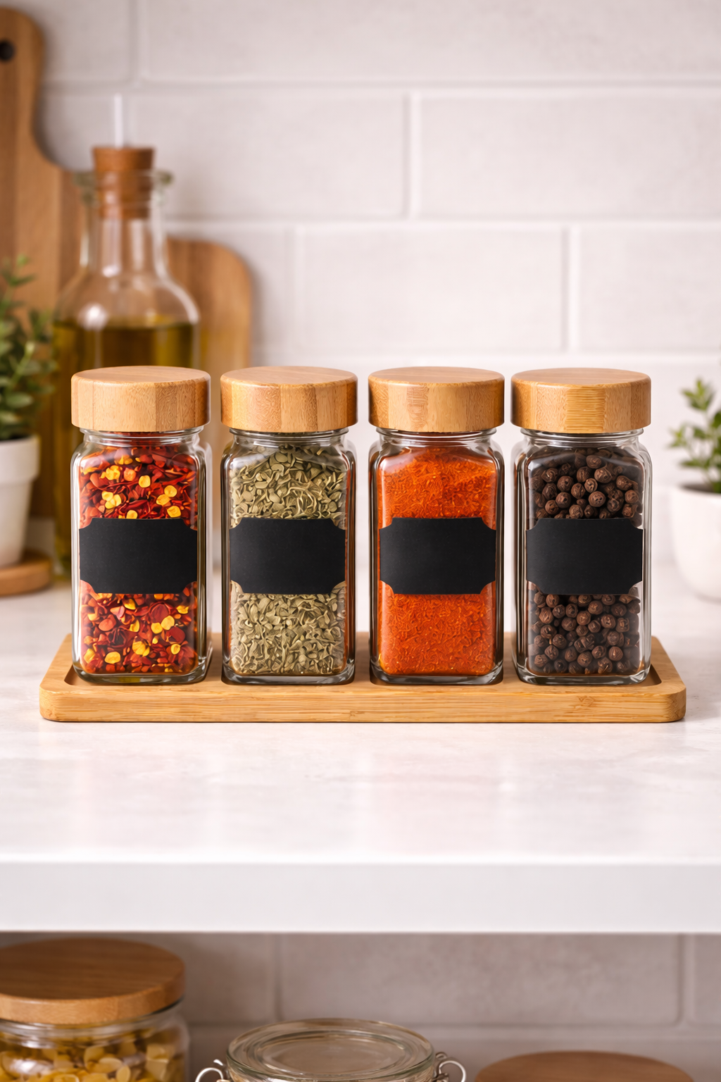 Bambu Standlı 4'lü Cam Baharatlık Seti