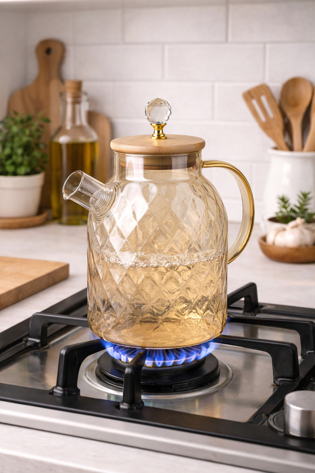 Kristal Desenli, Isıya Dayanıklı Gold Cam Demlik - 1600 ML