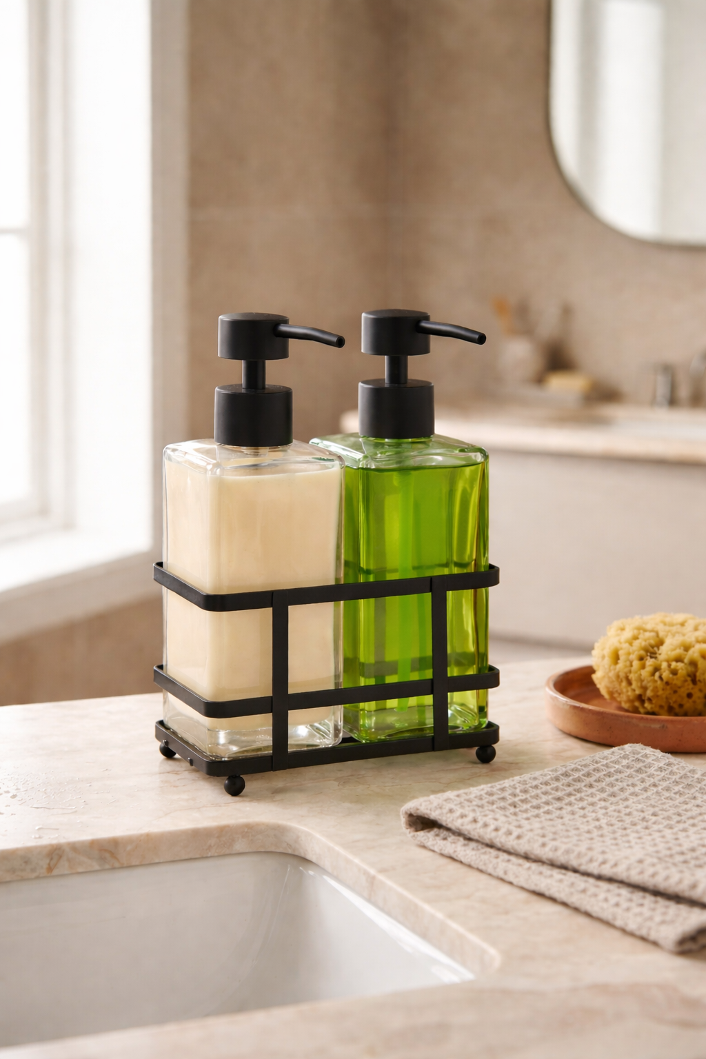 Metal Standlı 2'li Cam Sıvı Sabunluk - Siyah