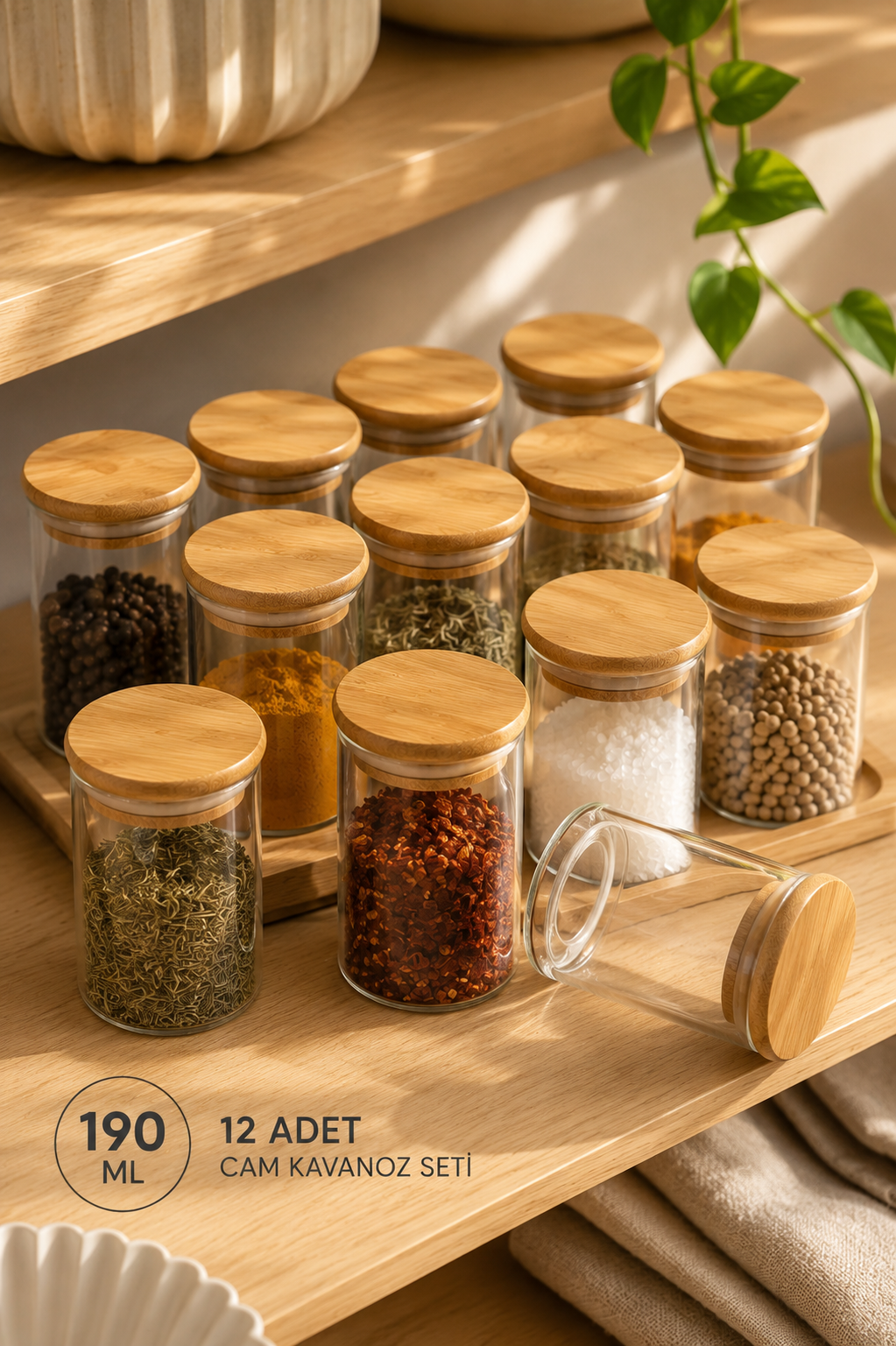 12'li Bambu Kapaklı Cam Baharatlık (190 Ml x 12)