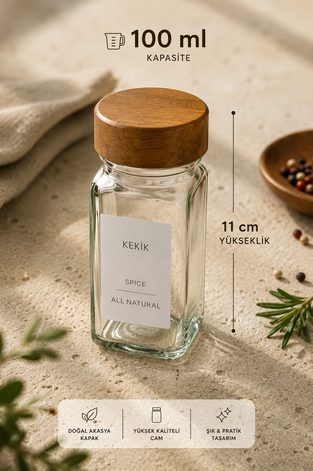 12'li Akasya Kapaklı Cam Baharatlık (100 ML x 12)