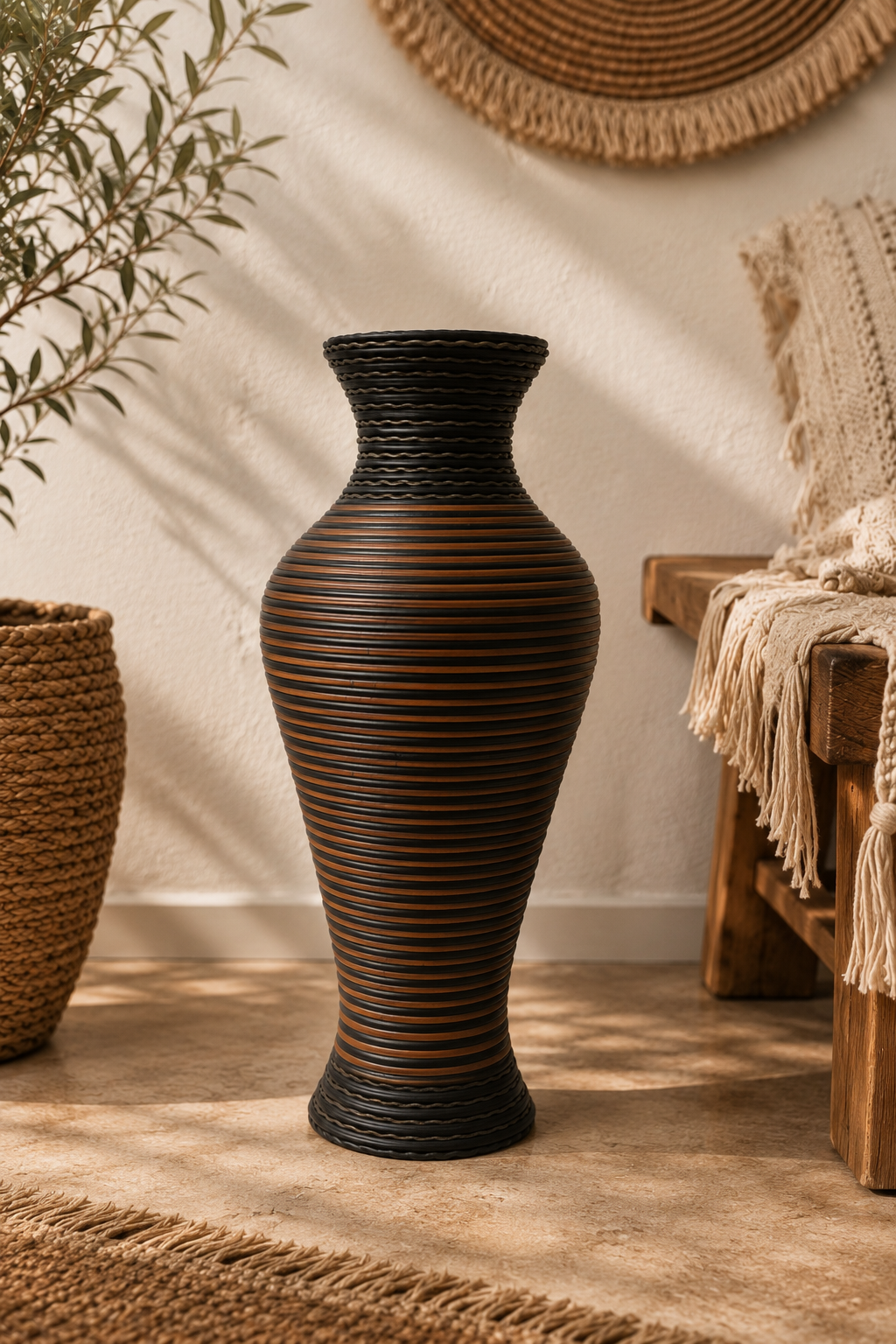Rustic Rattan Vazo - Kahve - Siyah