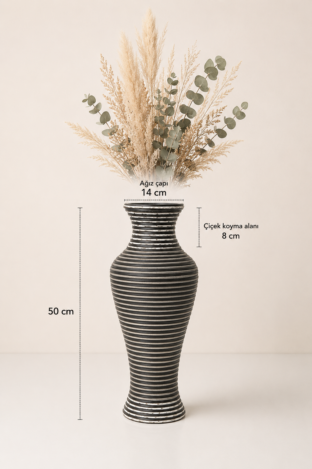 Rustic Rattan Vazo - Gri - Beyaz