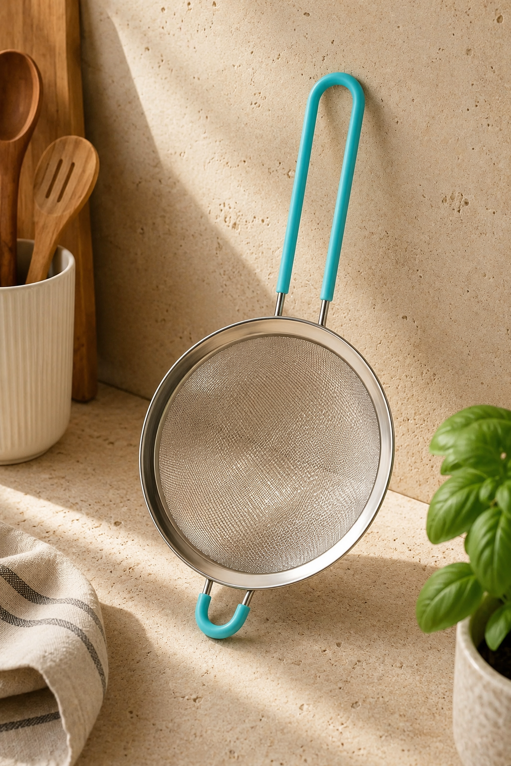 Silikon Saplı Çelik Süzgeç Mavi - 34 Cm