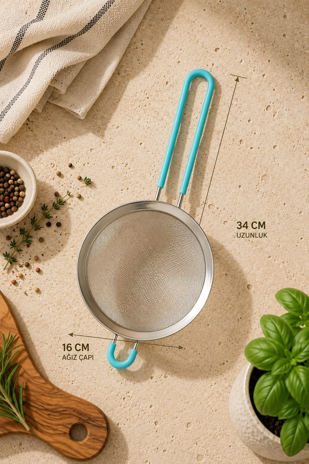 Silikon Saplı Çelik Süzgeç Mavi - 34 Cm