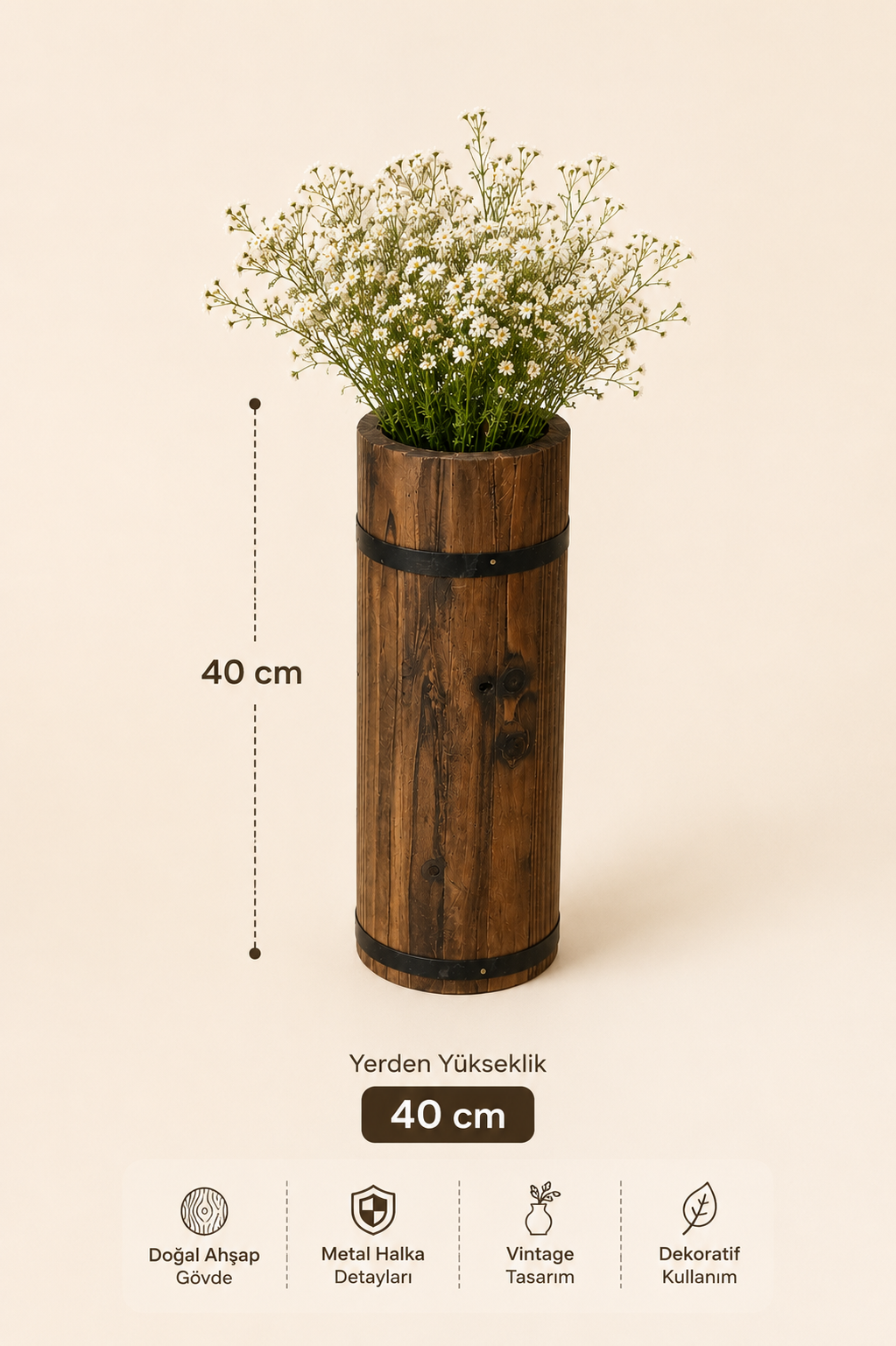 40 Cm Ahşap Vintage Vazo