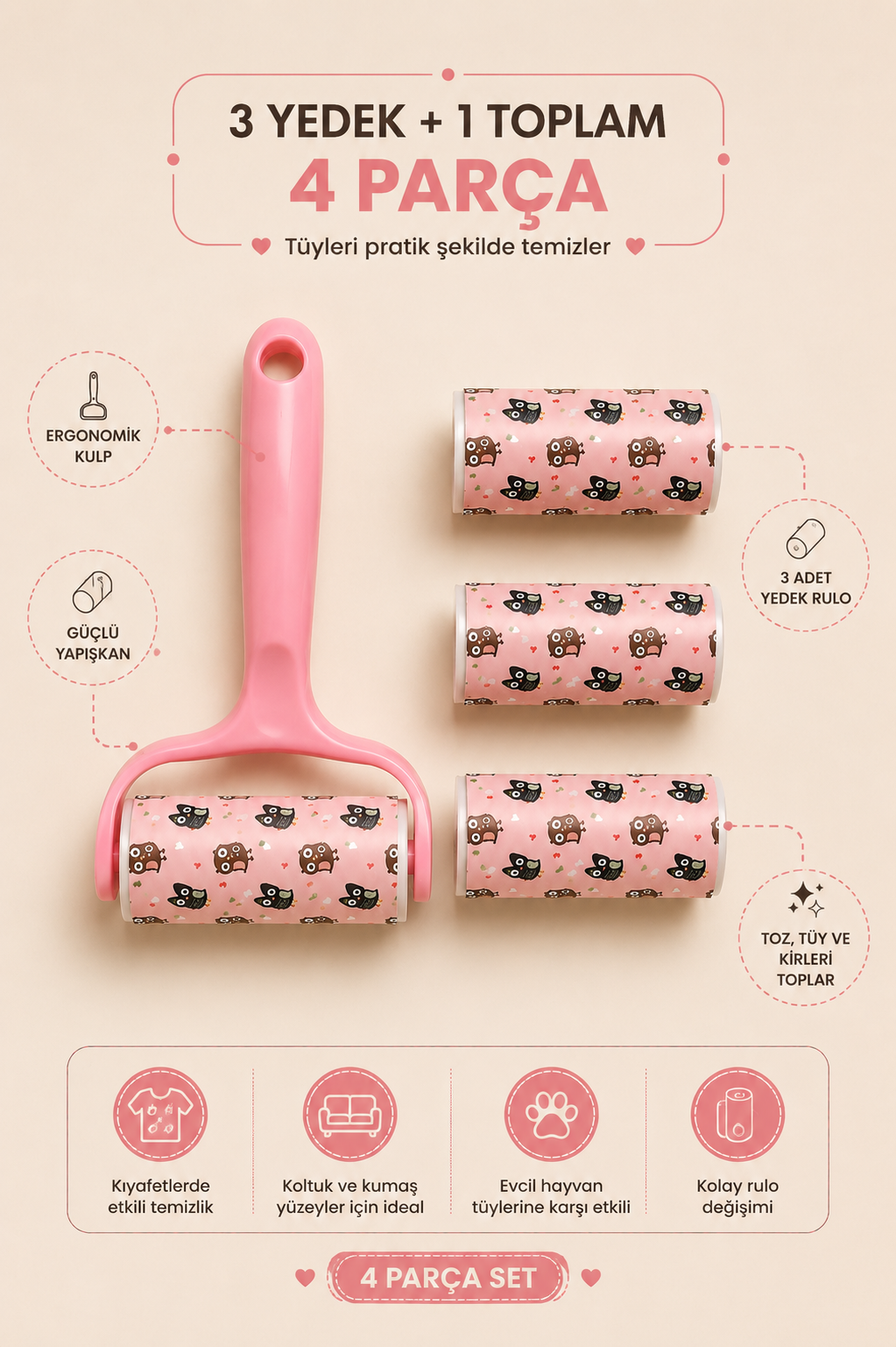 3 Yedekli Tüy Toplayıcı Pembe