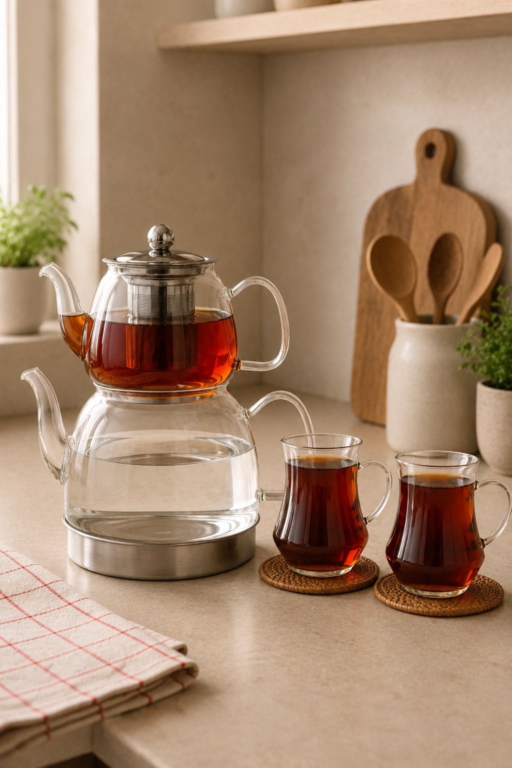 Borosilikat Cam Çaydanlık 500+1500 Ml