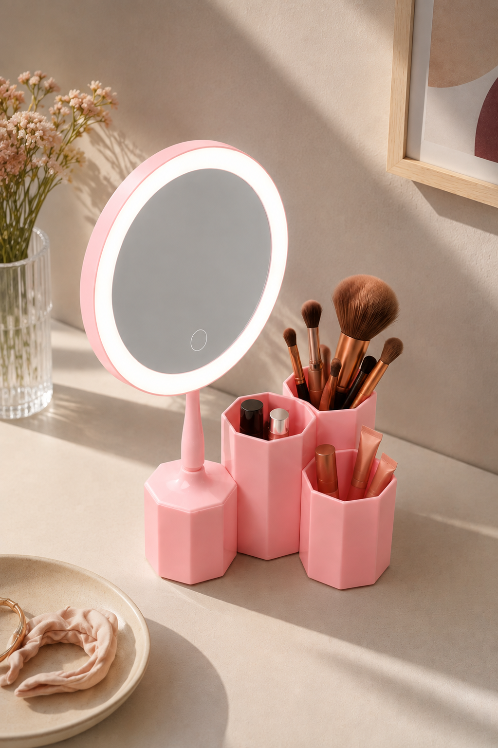 Organizerli Led Makyaj Aynası - Pembe
