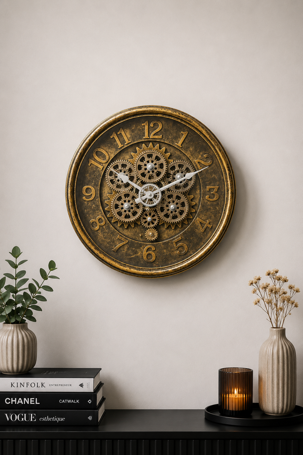 Vintage Gear 40 Cm Dönen Çarklı Duvar Saati - Eskitme Gold