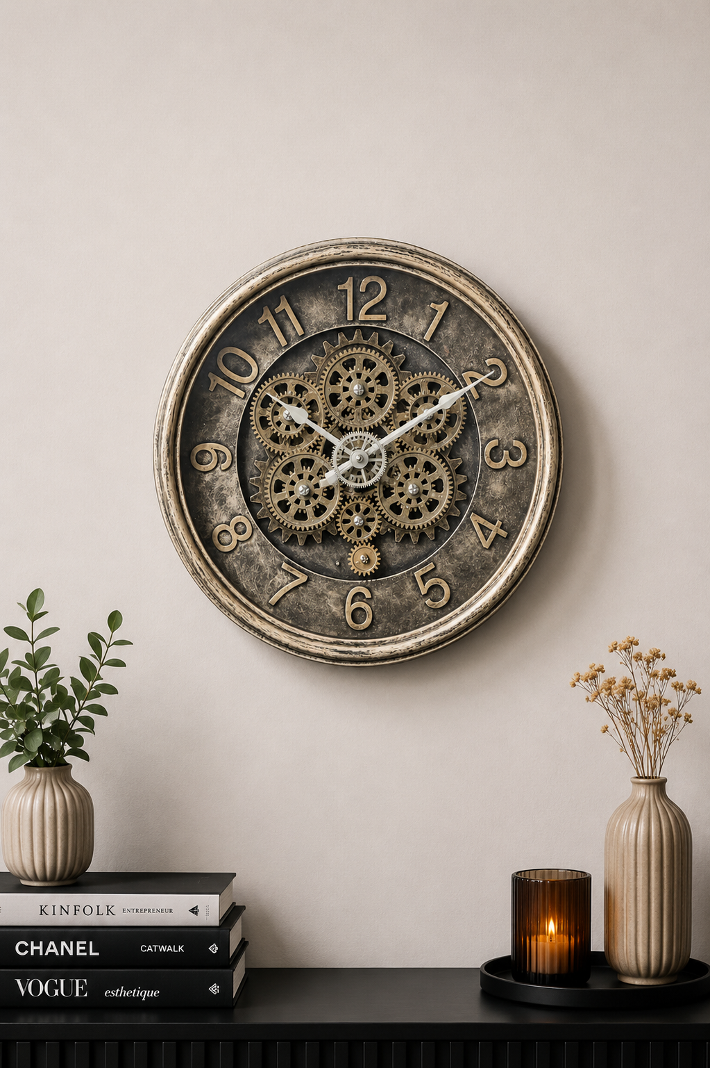 Vintage Gear 40 Cm Dönen Çarklı Duvar Saati - Bronz