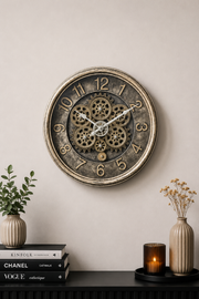 Vintage Gear 40 Cm Dönen Çarklı Duvar Saati - Bronz