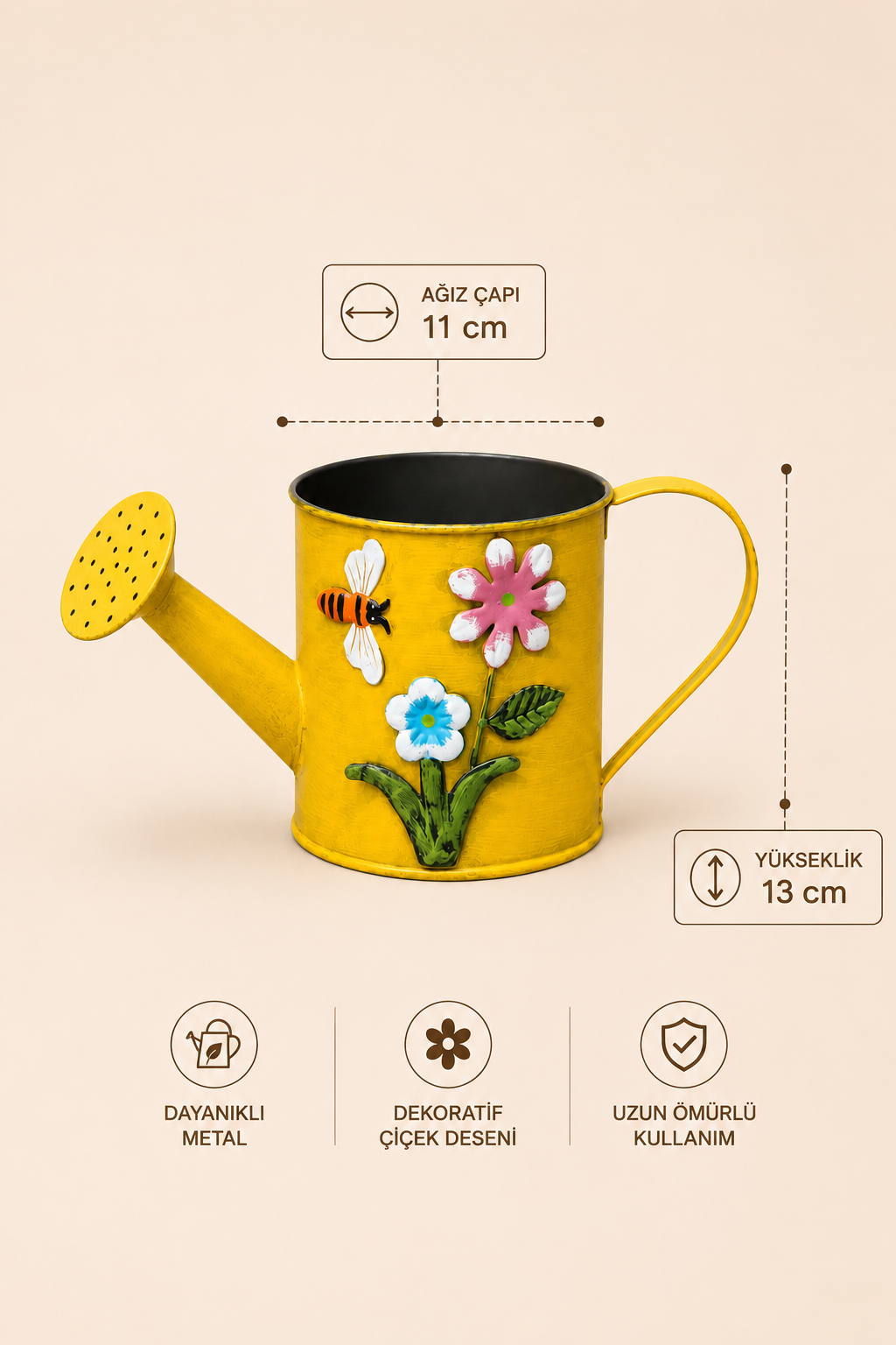 Botanica Metal Bitki Sulama Kabı - Sarı Eskitme Desen