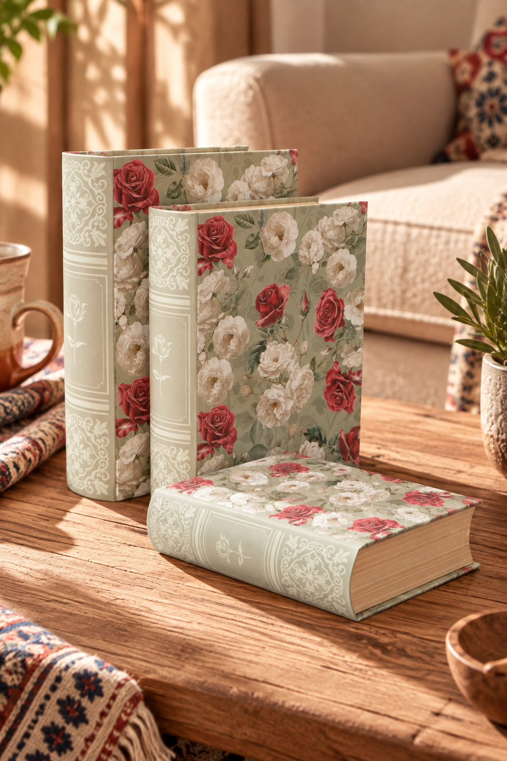 Antique 3'lü Kitap Kutu - Bordo Gül