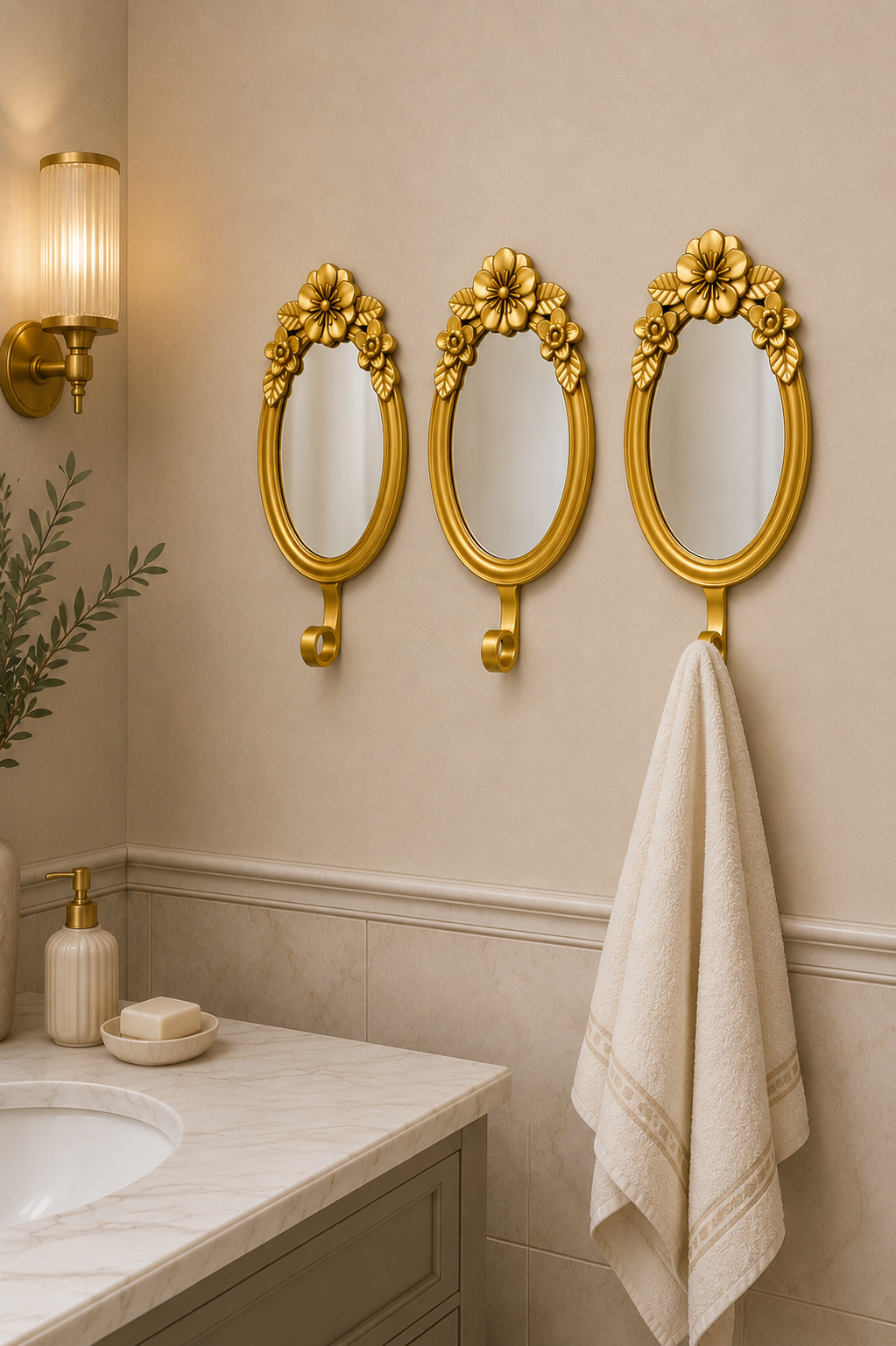 Aynalı Çiçek Askı 3'lü - Gold 23*12 Cm