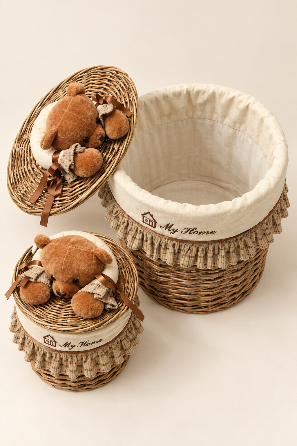 Honey Bear My Home -4'lü Yuvarlak Bezli Hasır Sepet - 5. görsel