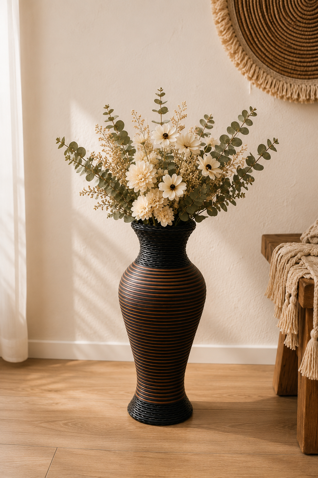 Rustic Rattan Vazo - Kahve - Siyah