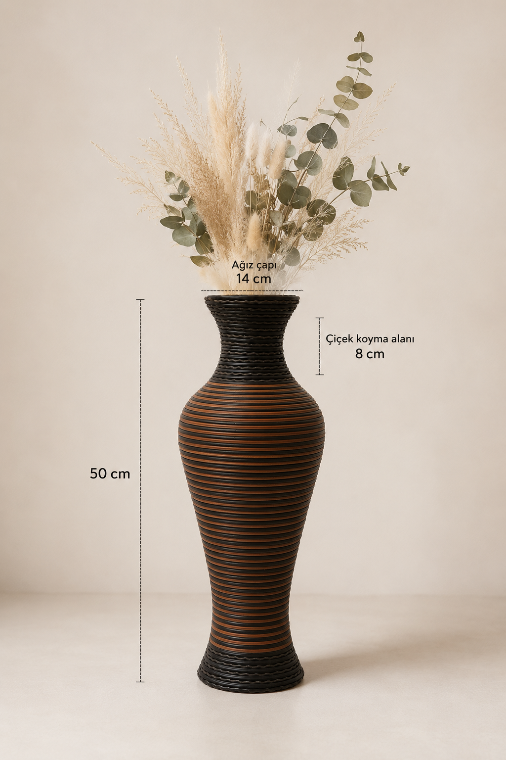 Rustic Rattan Vazo - Kahve - Siyah