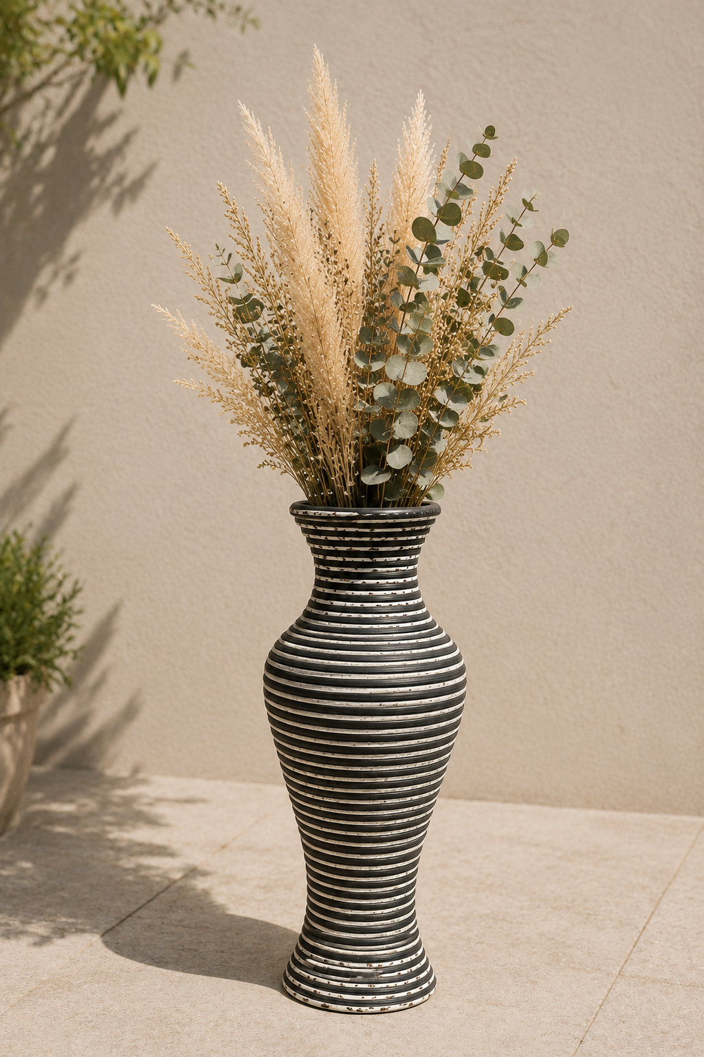 Rustic Rattan Vazo - Gri - Beyaz