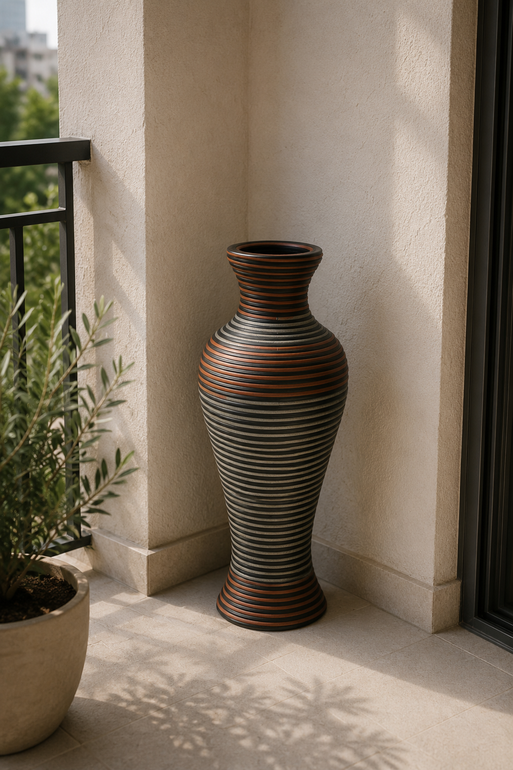 Rustic Rattan Vazo - Kahve - Beyaz