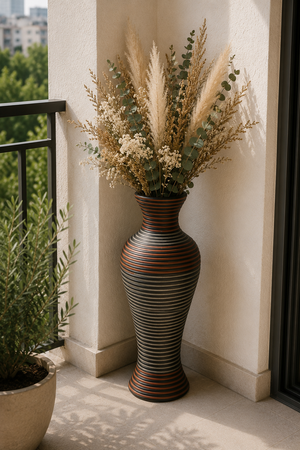 Rustic Rattan Vazo - Kahve - Beyaz