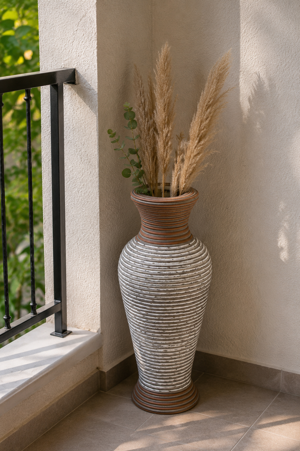 Rustic Rattan Vazo - Beyaz