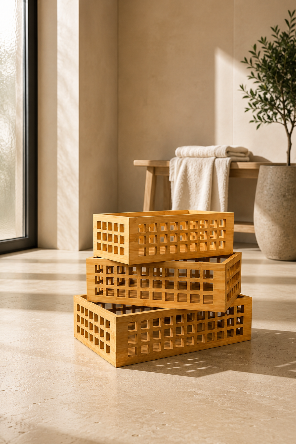 3'lü Bambu Çok Amaçlı Sepet Organizer (33-30-26 Cm)