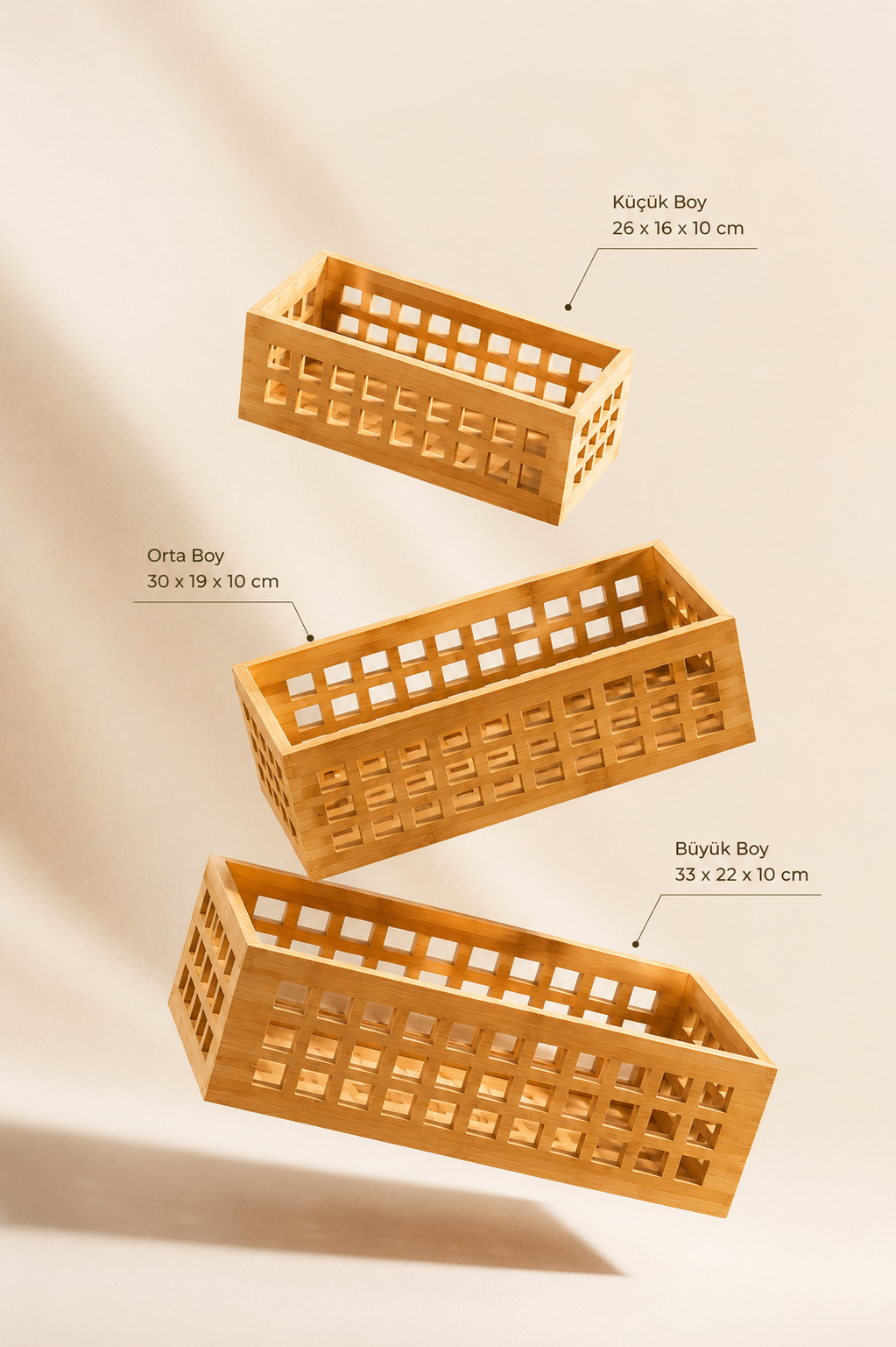3'lü Bambu Çok Amaçlı Sepet Organizer (33-30-26 Cm)