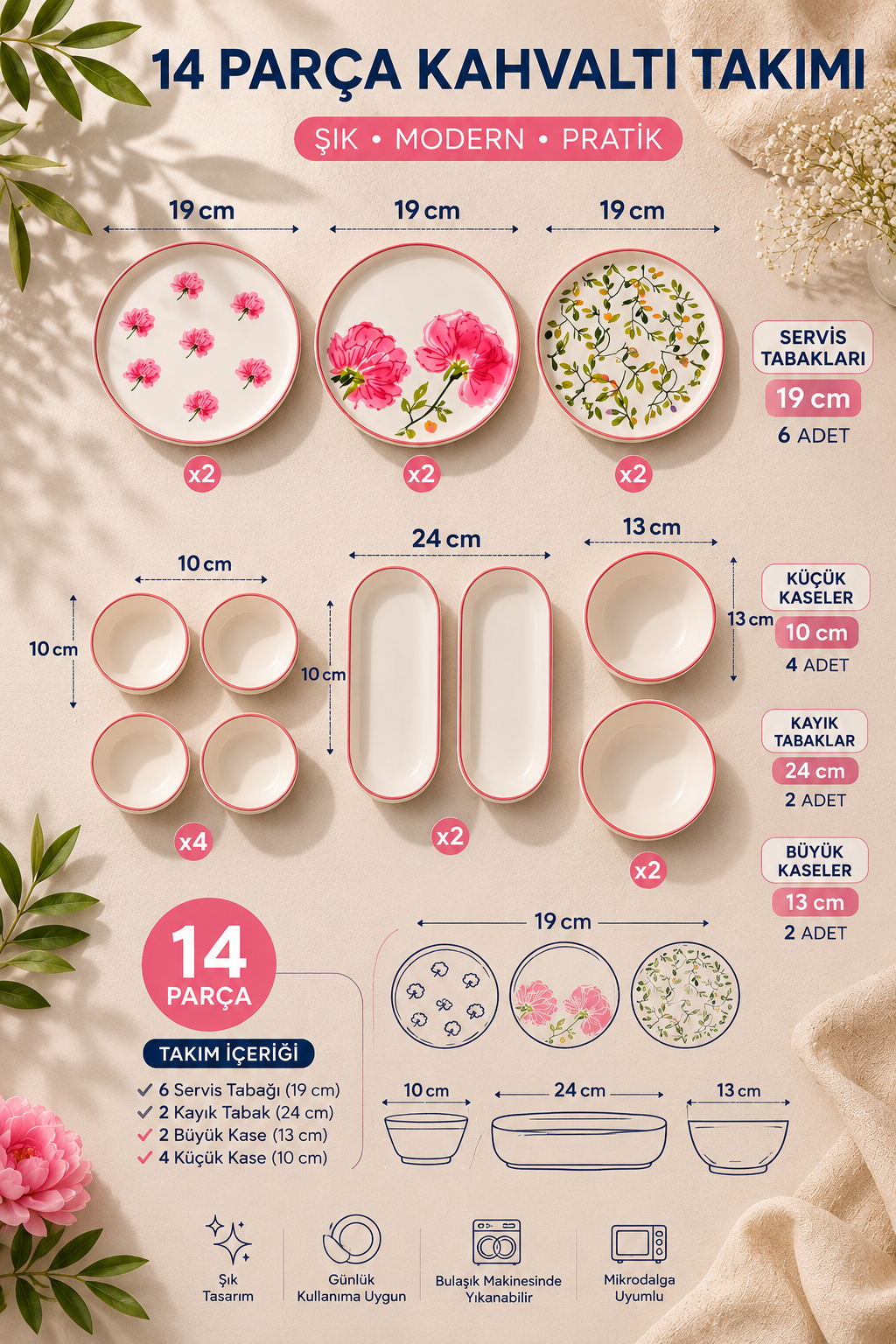Rose Serisi 14 Parça 6 Kişilik Kahvaltı Takımı