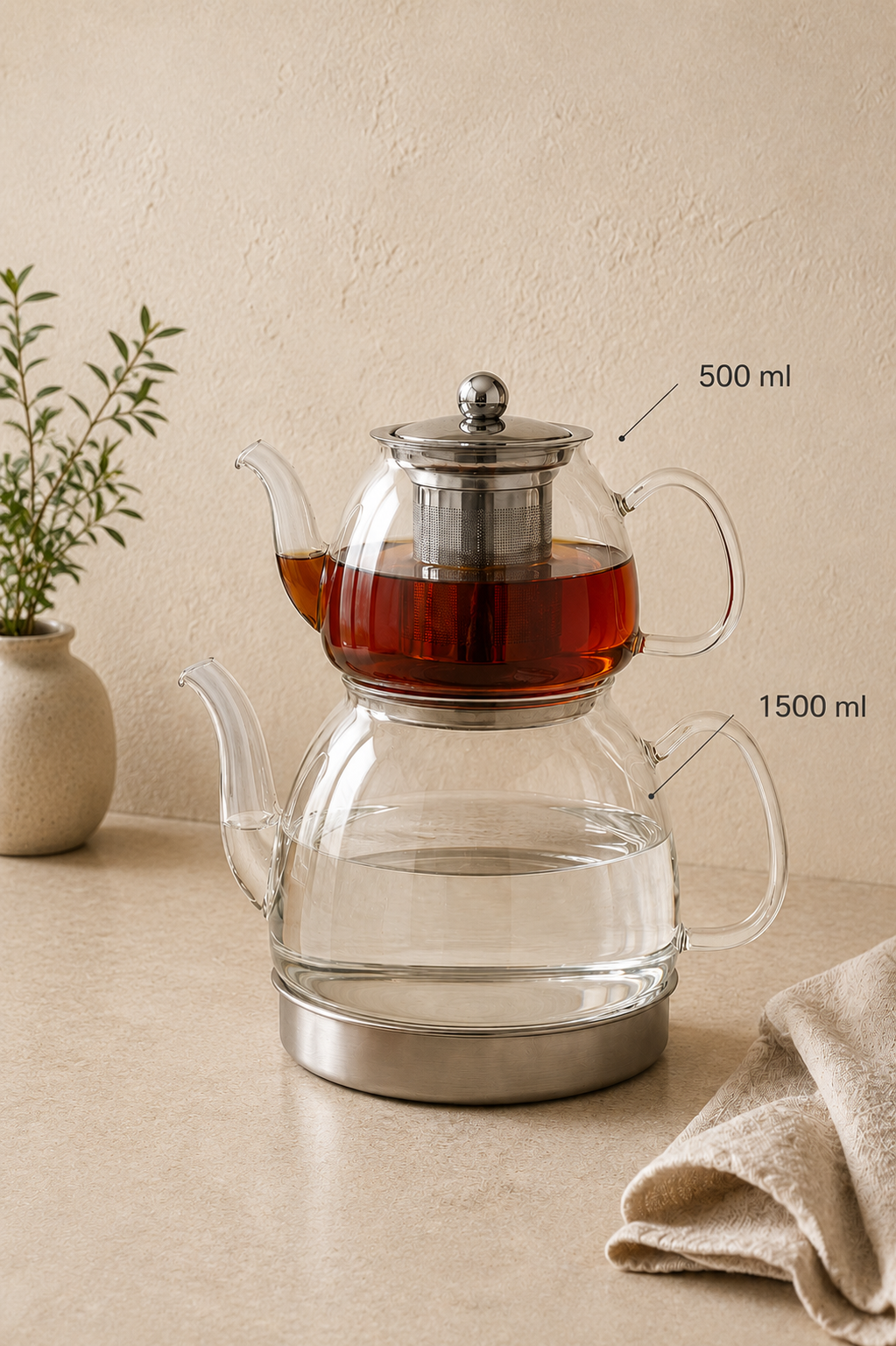Borosilikat Cam Çaydanlık 500+1500 Ml