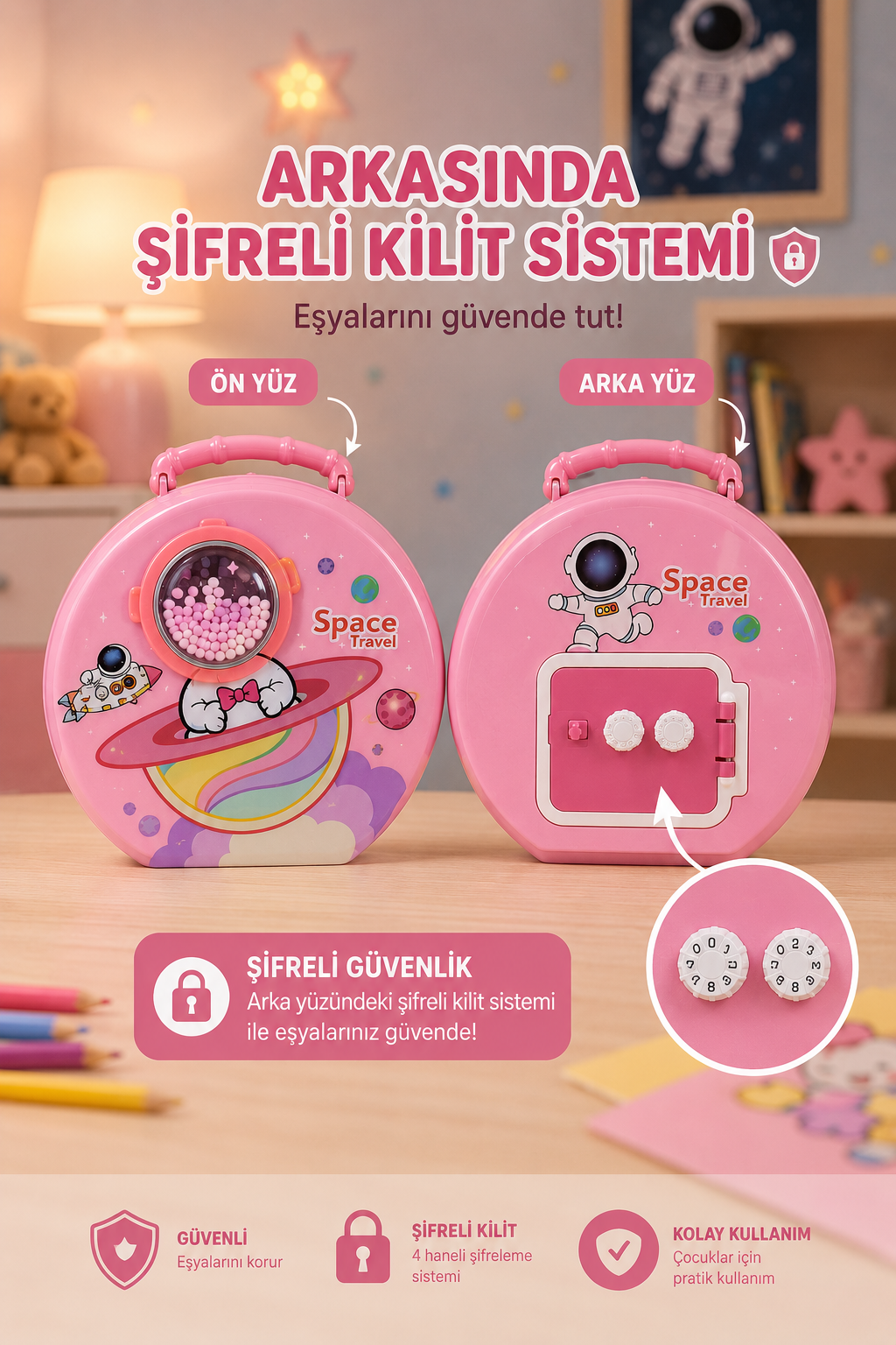 Space Travel Metal Şifreli Çocuk Kumbara - Pembe