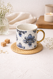 Yaldızlı Kabartma Desenli Porselen Kupa - Mavi - 335 ML