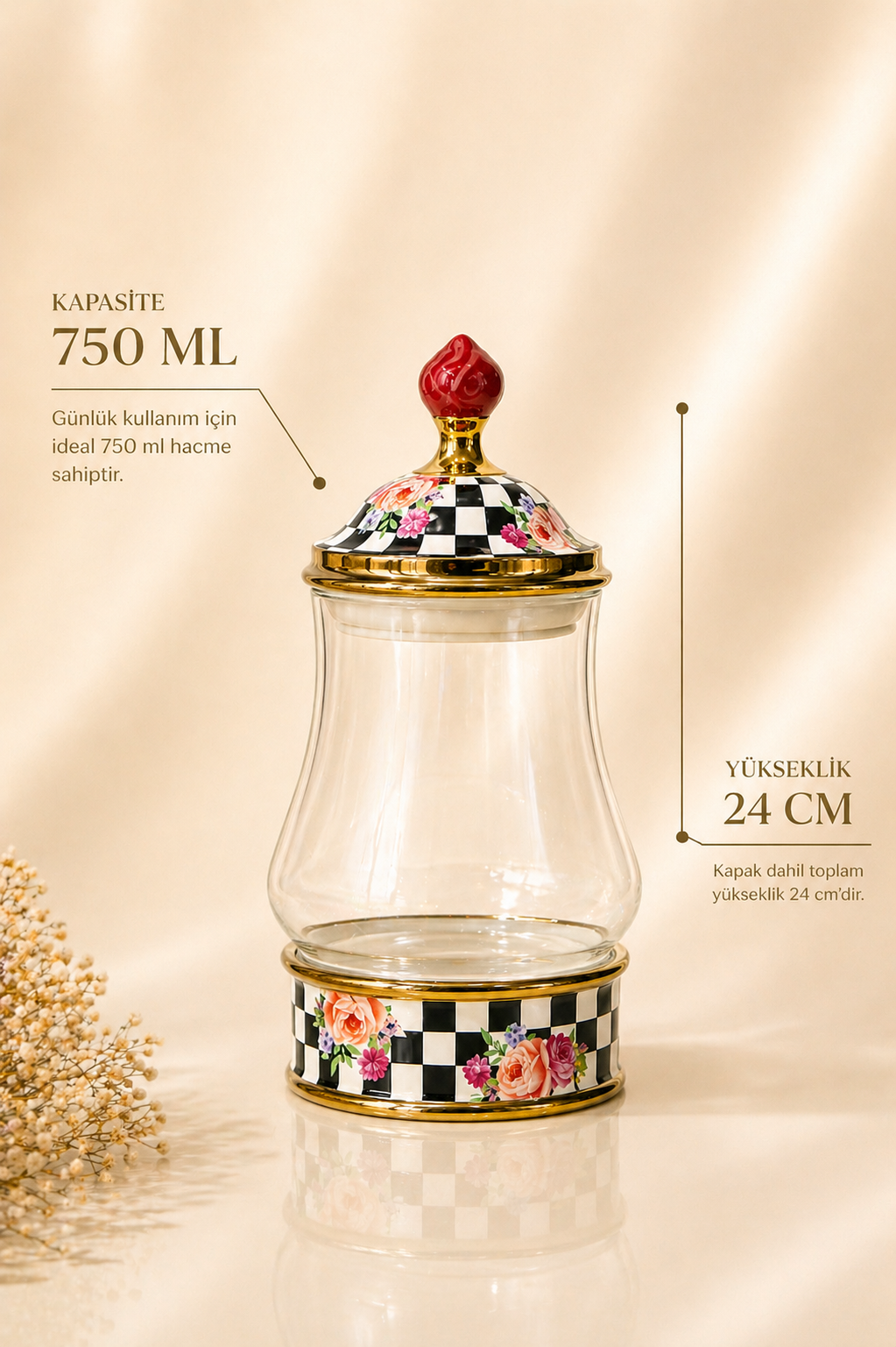 Porselen Detaylı Cam Gövdeli Kavanoz, Damalı Renk 750 ML