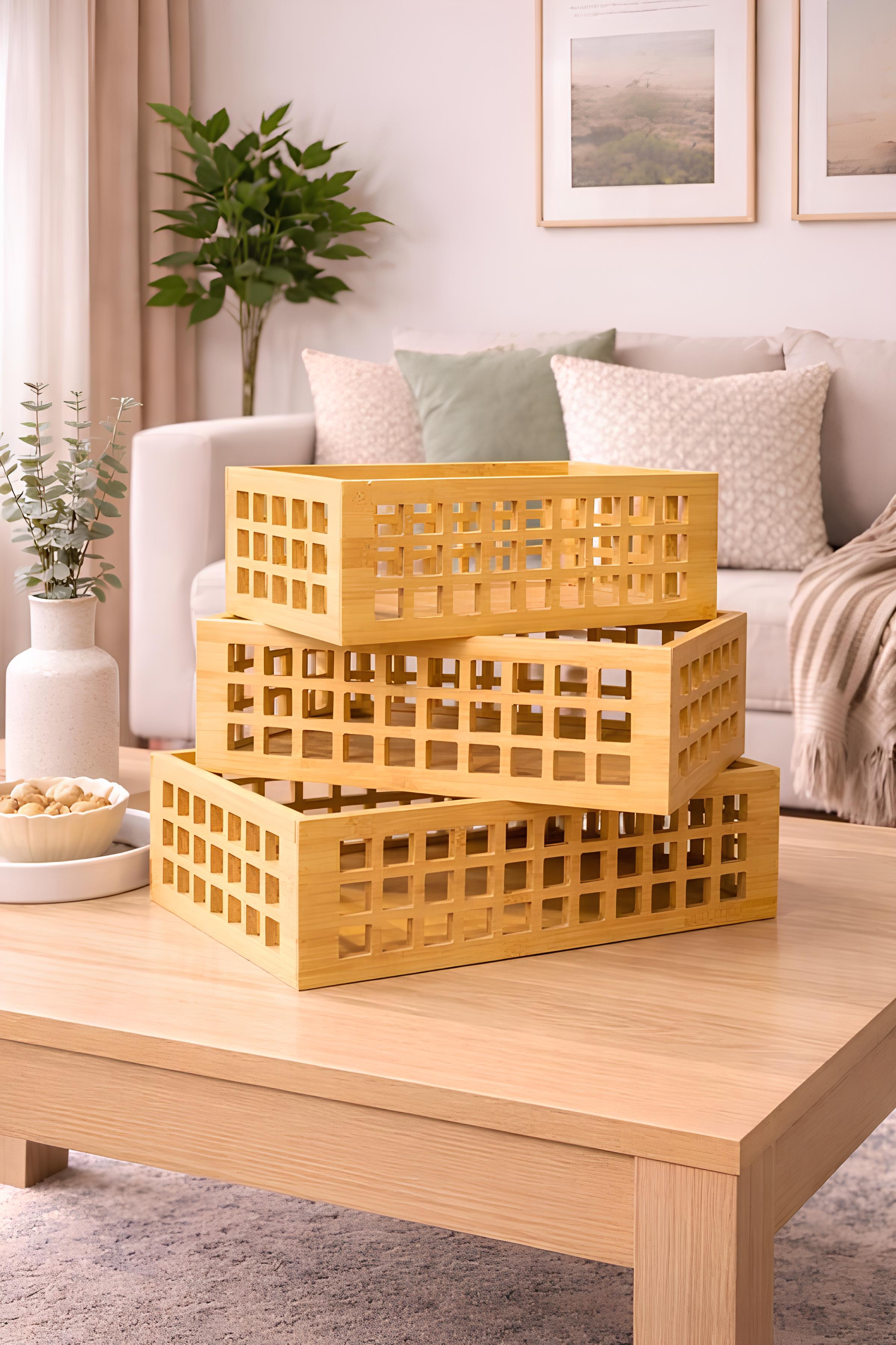 3'lü Bambu Çok Amaçlı Sepet Organizer (33-30-26 Cm)