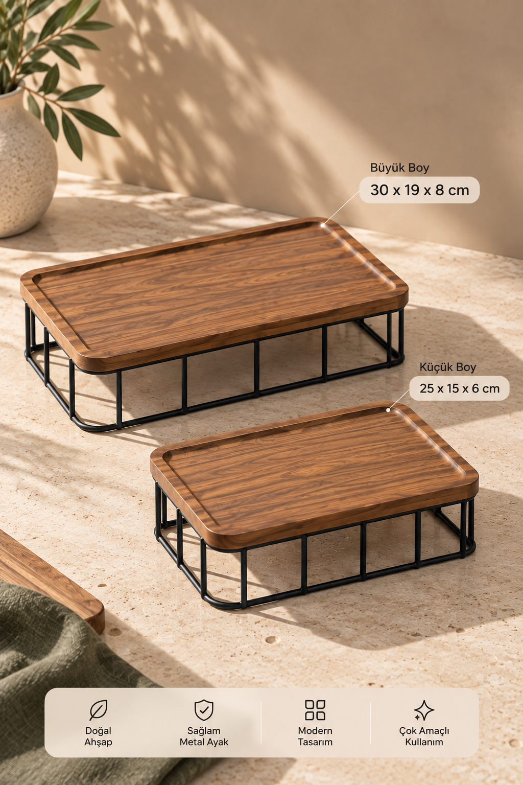 Serva 2'li Ahşap Sunumluk - Siyah (30 - 25 Cm)