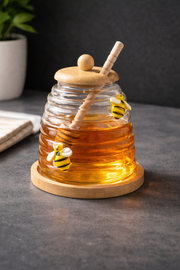 Bambu Kapaklı Arılı Cam Bal Kavanozu (480 Ml)