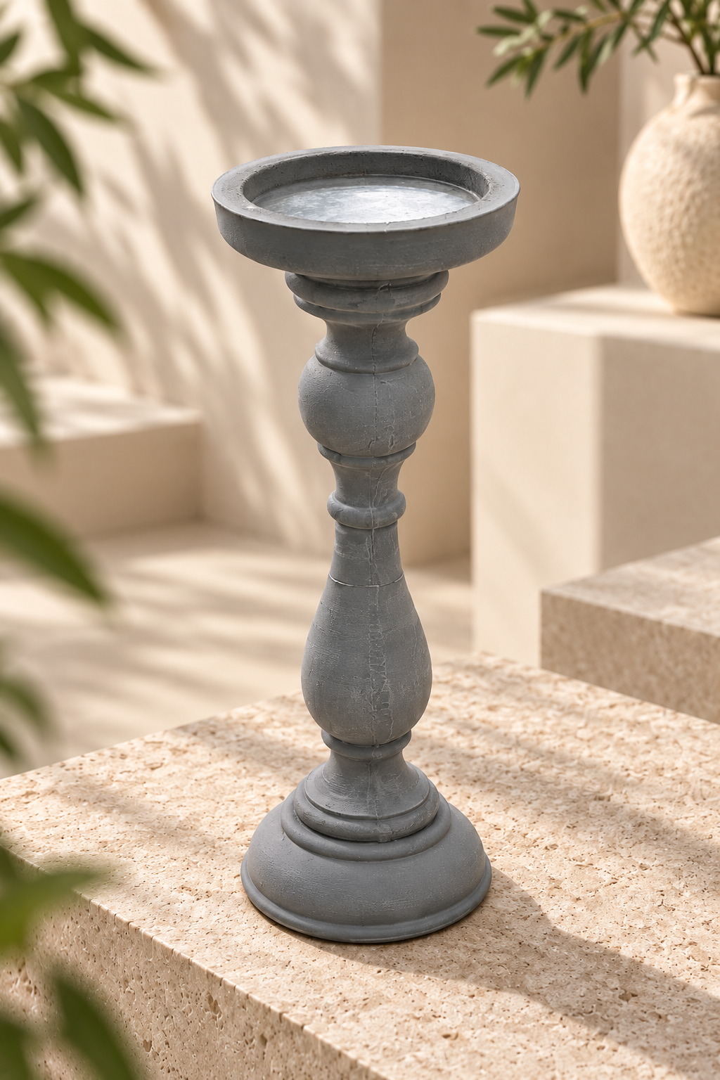 Eskitme Desen Şamdan - Gri (36 Cm)