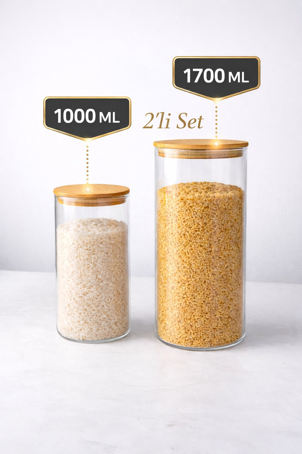 2’li Bambu Kapaklı Borosilikat Cam Kavanoz Seti – 1700 ML & 1000 ML