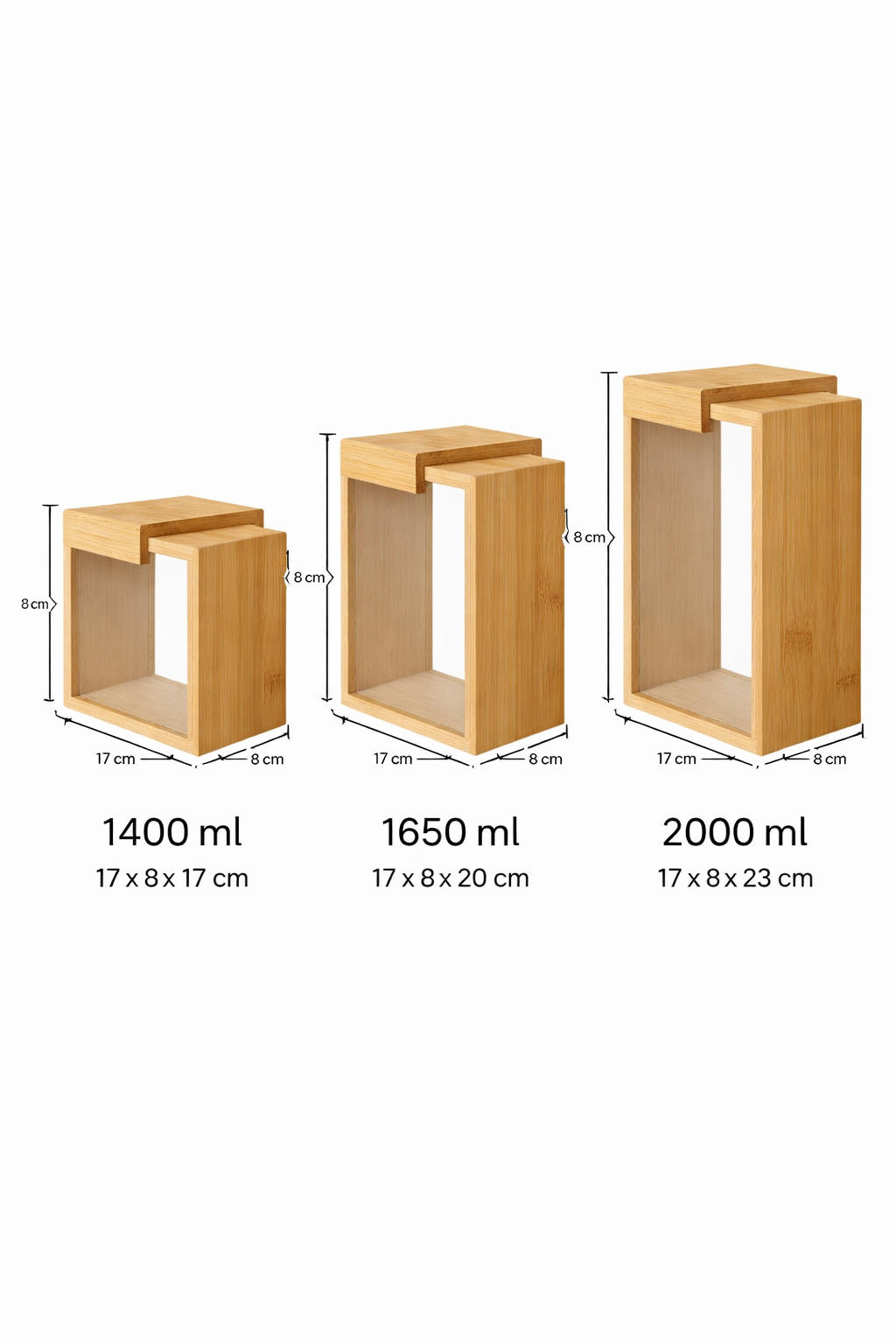 Wood Chef 3'lü Bambu Erzak Saklama Kabı ( 2000 Ml, 1650 Ml, 1400 Ml )