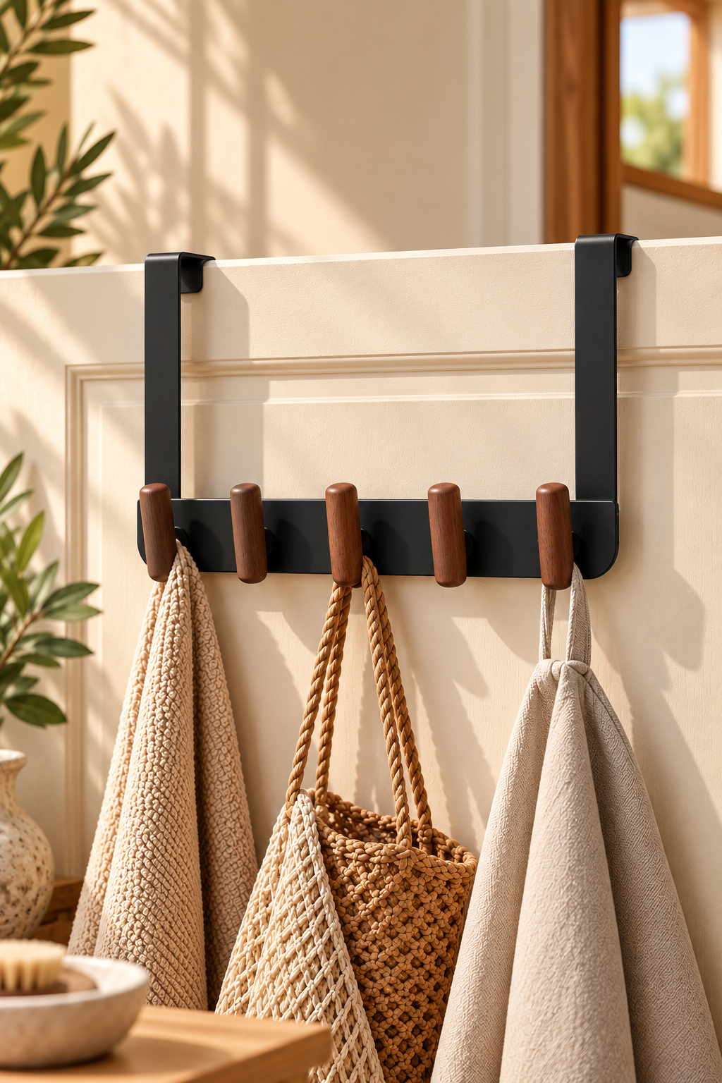Ahşap Detaylı Metal Askı - Siyah (40x20 Cm) 5 Askılı