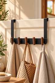 Ahşap Detaylı Metal Askı - Siyah (40x20 Cm) 5 Askılı