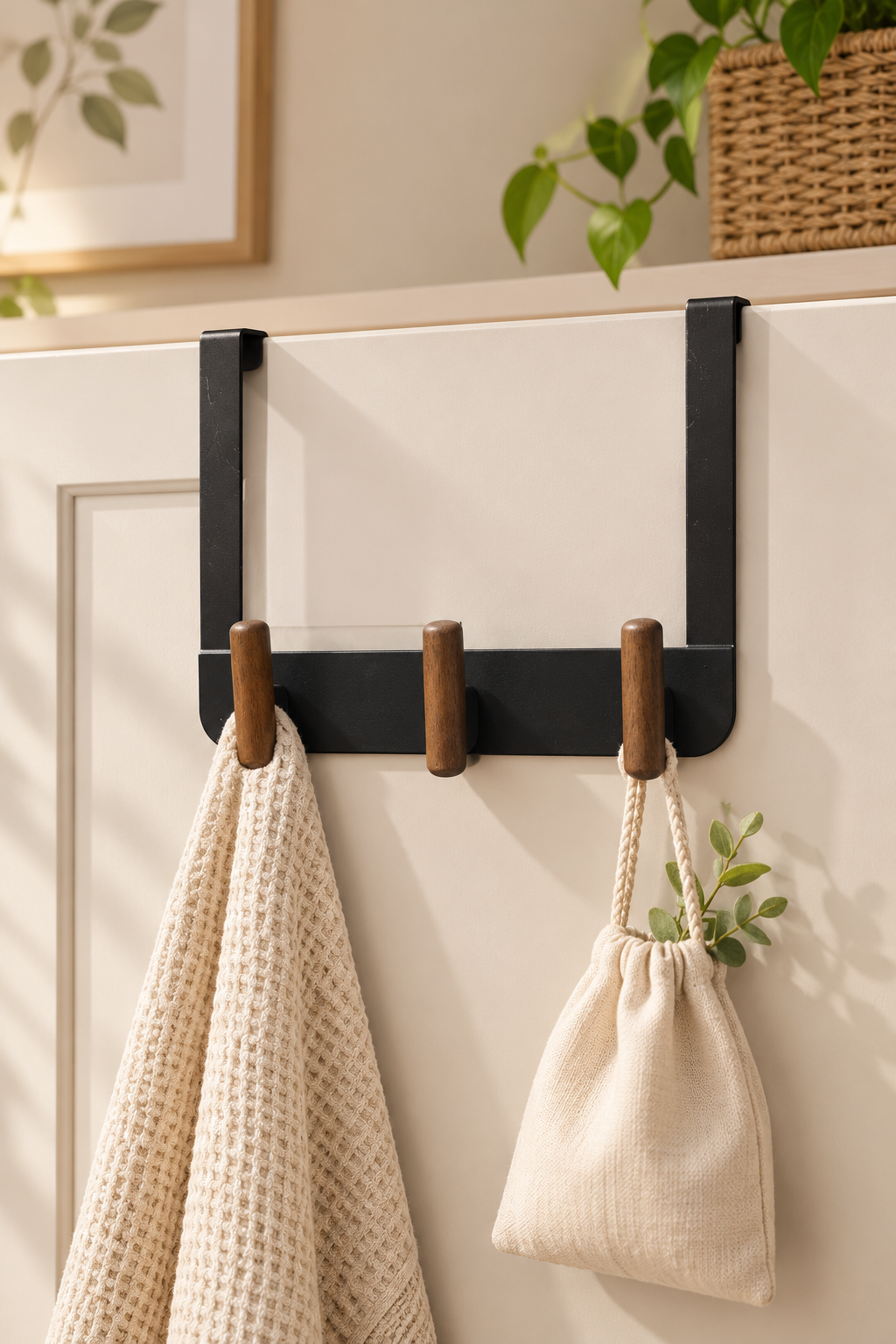 Ahşap Detaylı Metal Askı - Siyah (30x20 Cm) 3 Askılı