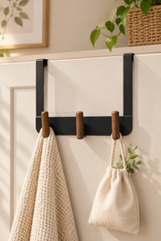 Ahşap Detaylı Metal Askı - Siyah (30x20 Cm) 3 Askılı