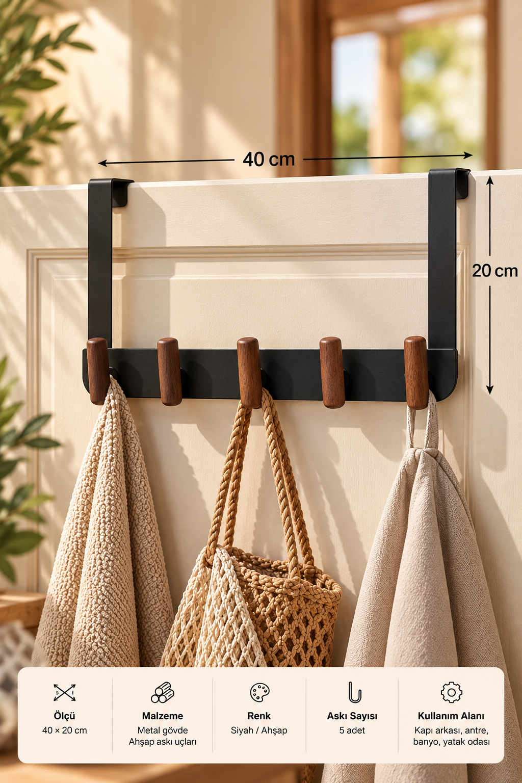Ahşap Detaylı Metal Askı - Siyah (40x20 Cm) 5 Askılı
