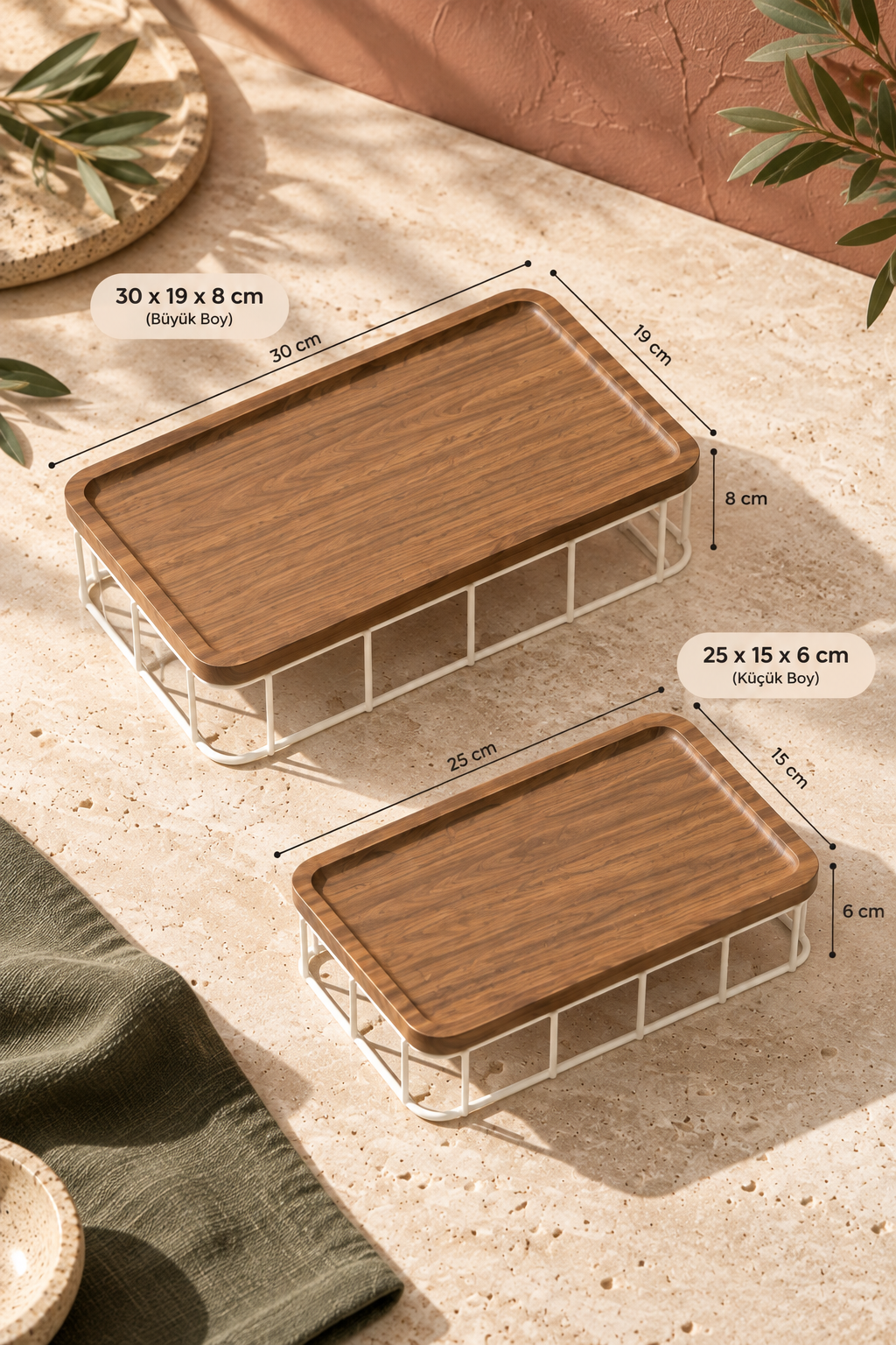 Serva 2'li Ahşap Sunumluk - Beyaz (30 - 25 Cm)