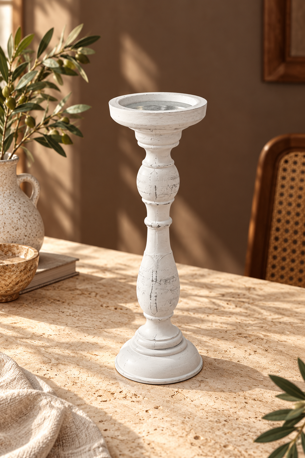 Eskitme Desen Şamdan - Beyaz (36 Cm)