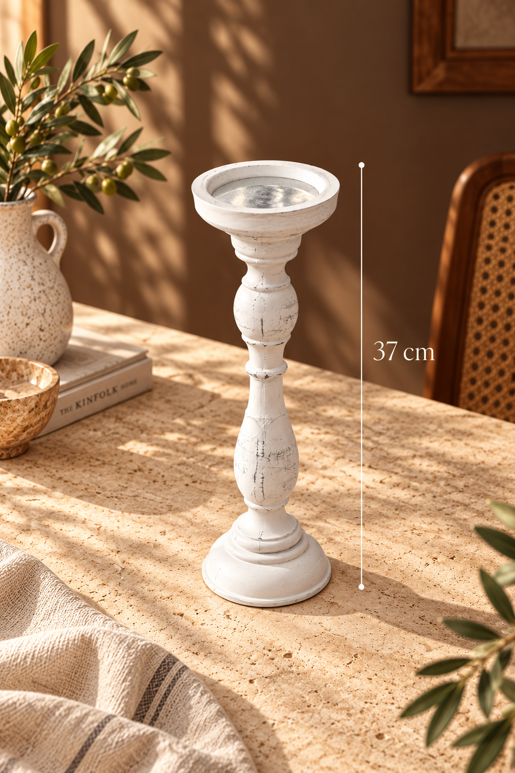 Eskitme Desen Şamdan - Beyaz (36 Cm)