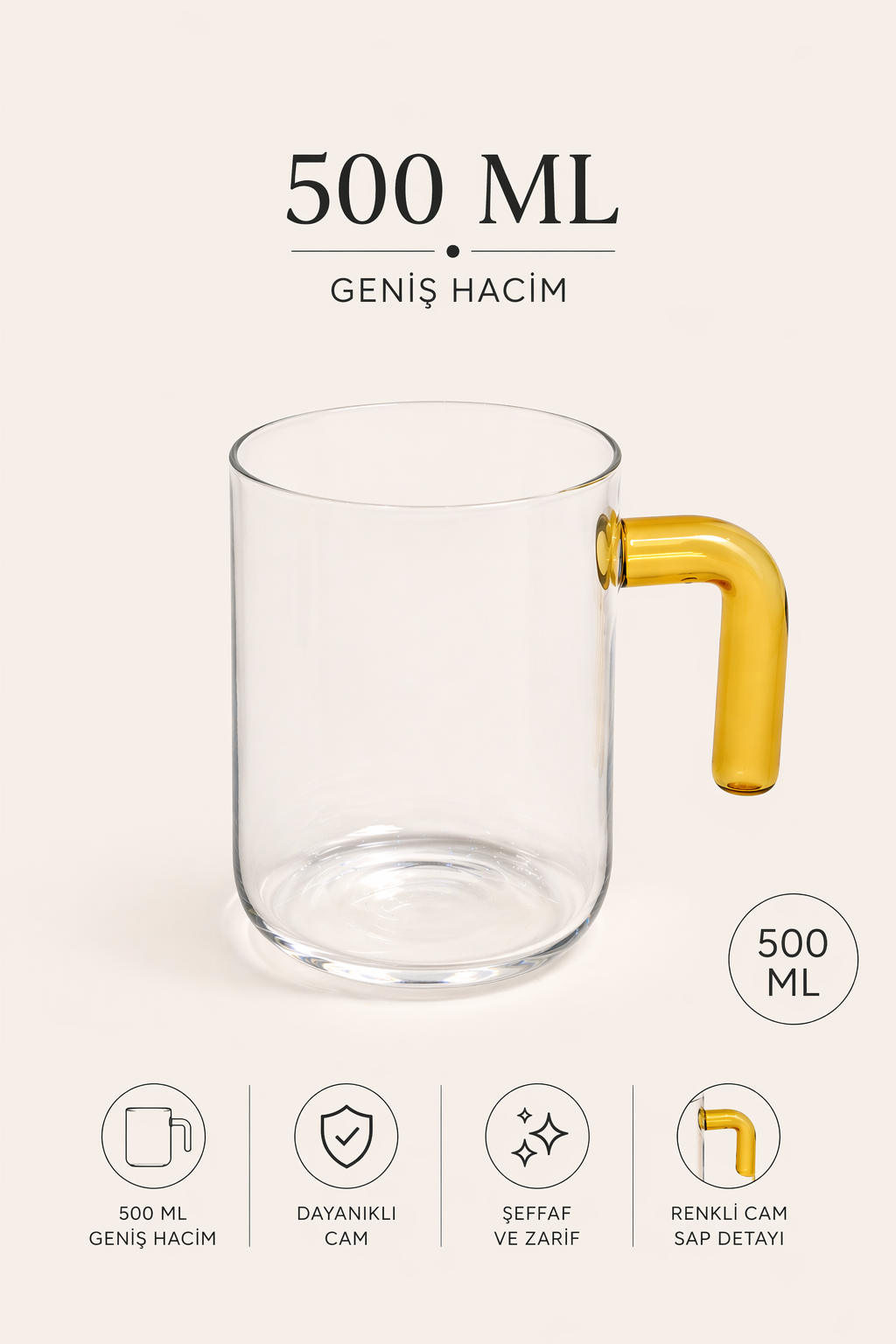 Pure Renkli Kulplu Kupa Bardak 500 ML - Sarı