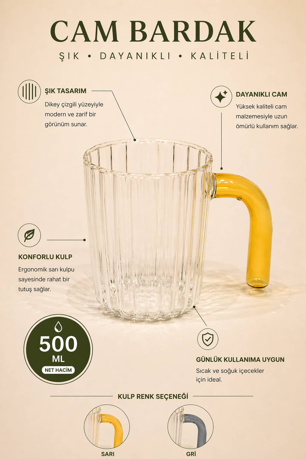 Ribera Renkli Kulplu Kupa Bardak 500 ML - Sarı